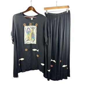 Women’s Crazy Fish XL Black w/ Fish Pattern Short Sleeve Blouse & Pant Set